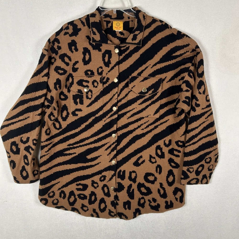 Ruby Rd. Soft Knit Shacket Women's 3XL Leopard Zebra Print Black Brown Gold Snap - Picture 1 of 7